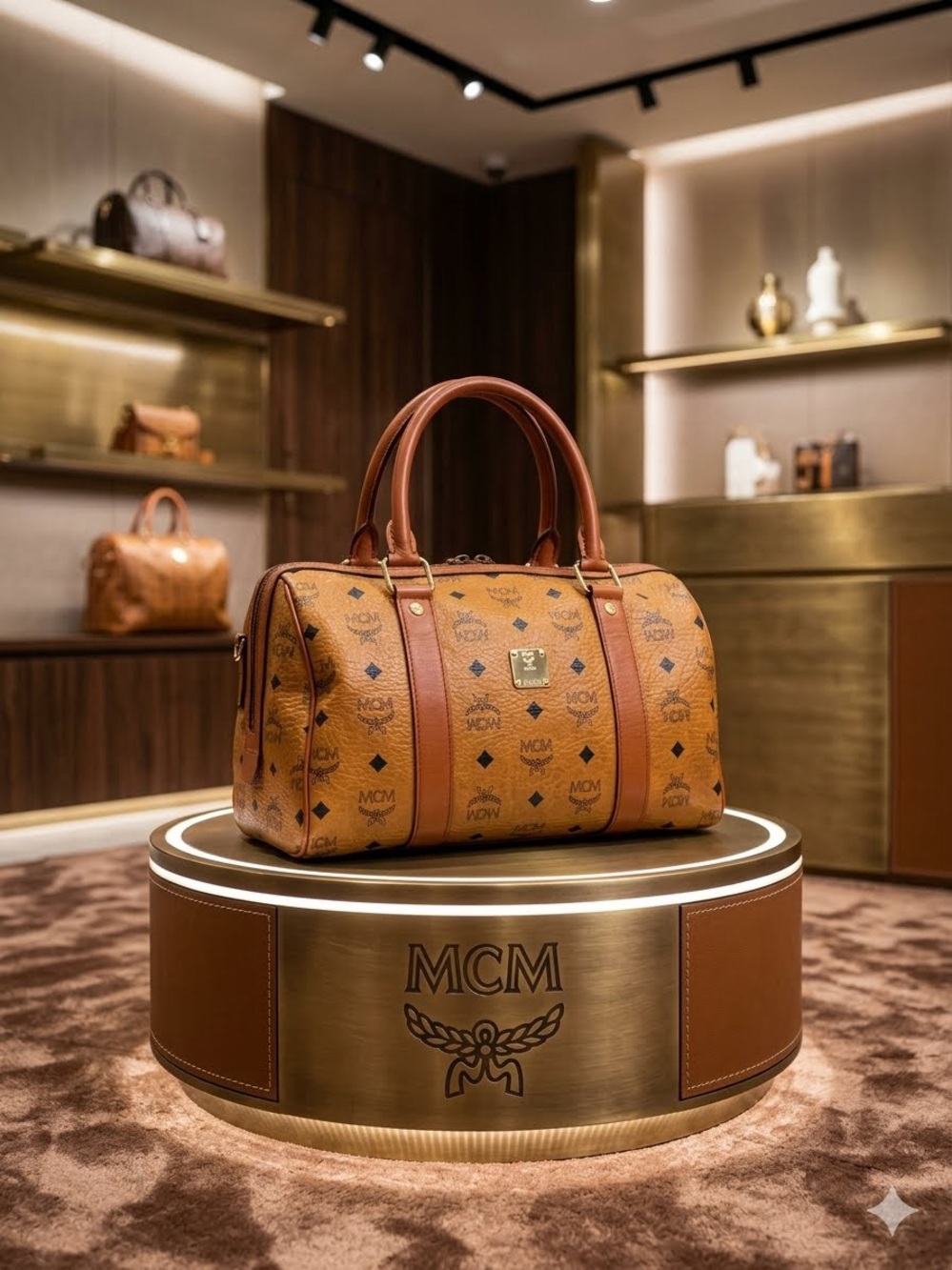 MCM Cognac Visetos Monogram satchel with Brown Leather Trim